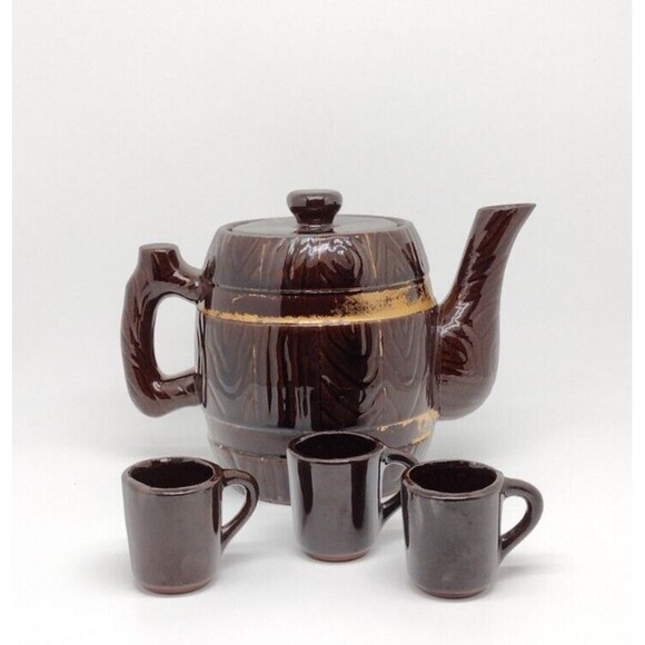 VTG 5" Barrel Teapot With 3 Mini Sipping Cups MCM Brown Gold Pottery Small Japan - Picture 3 of 11